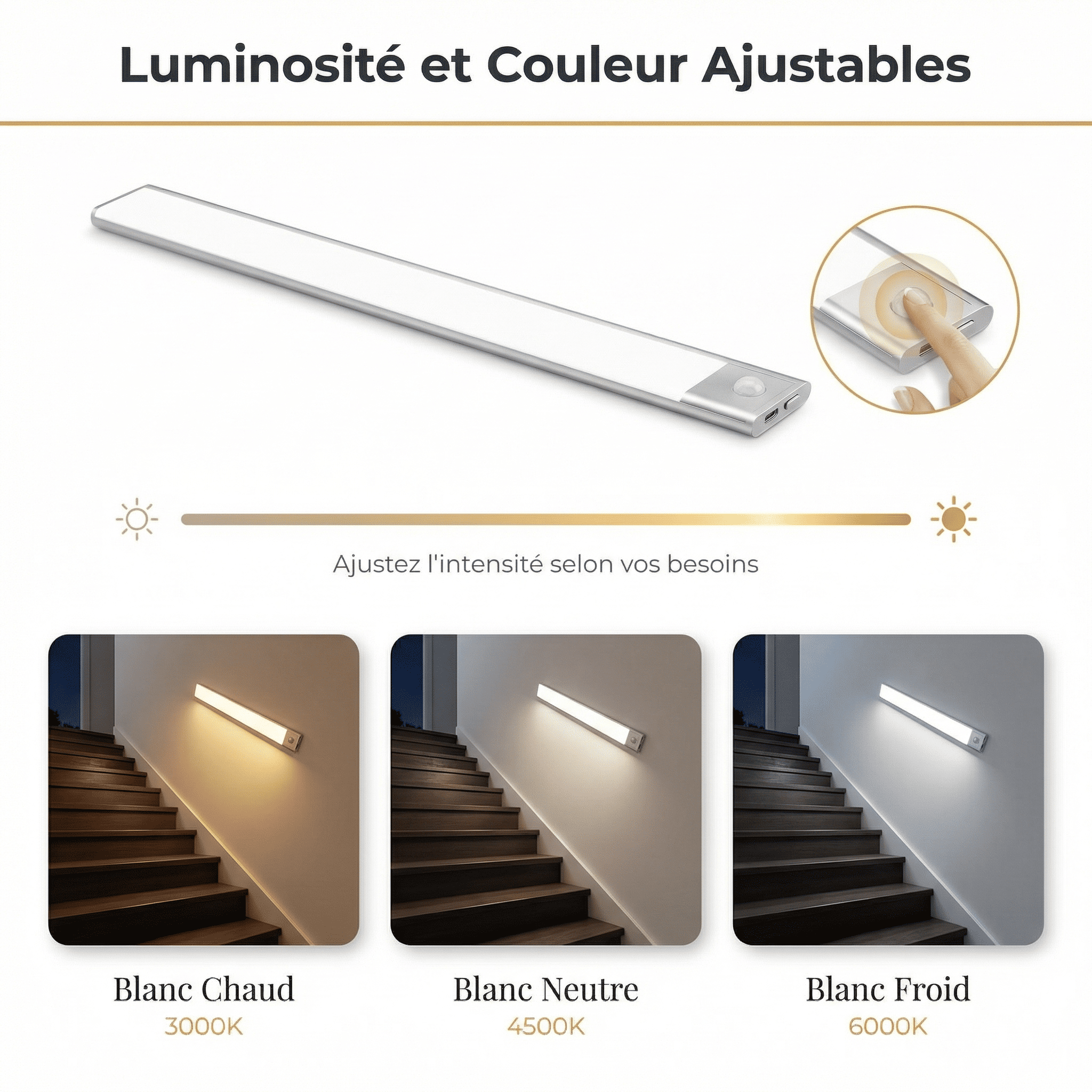 Mouvement 3.0™ | Réglette LED sans fil à détecteur de mouvements pour escaliers et couloirs