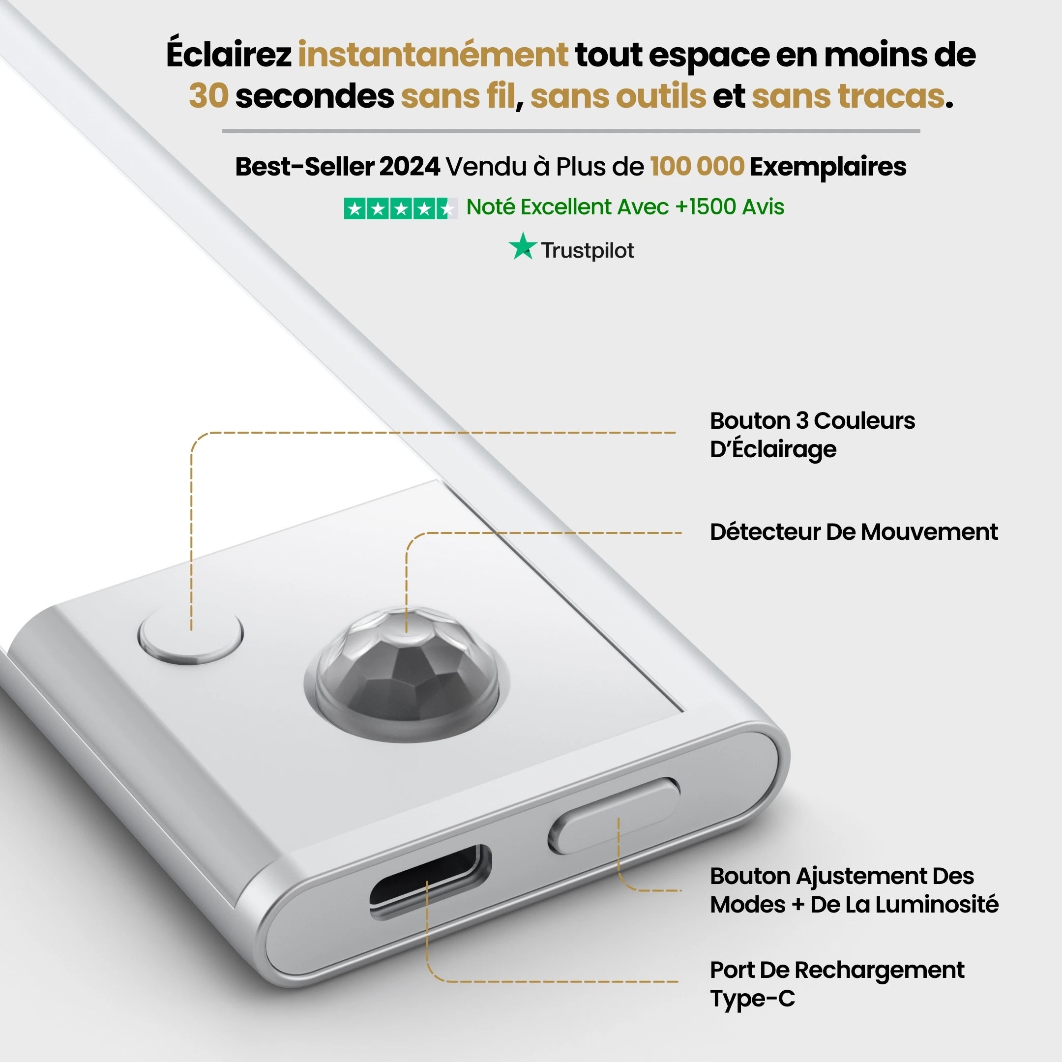 Mouvement 3.0™  | Réglette LED sans fil à détecteur de mouvements