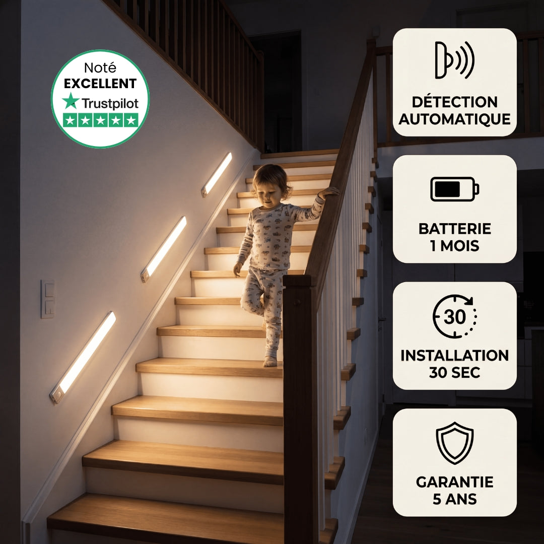 Mouvement 3.0™  | Réglette LED sans fil à détecteur de mouvements pour escaliers et couloirs