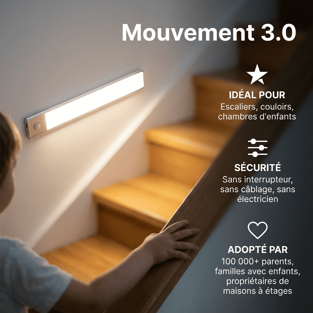 Mouvement 3.0™  | Réglette LED sans fil à détecteur de mouvements pour escaliers et couloirs