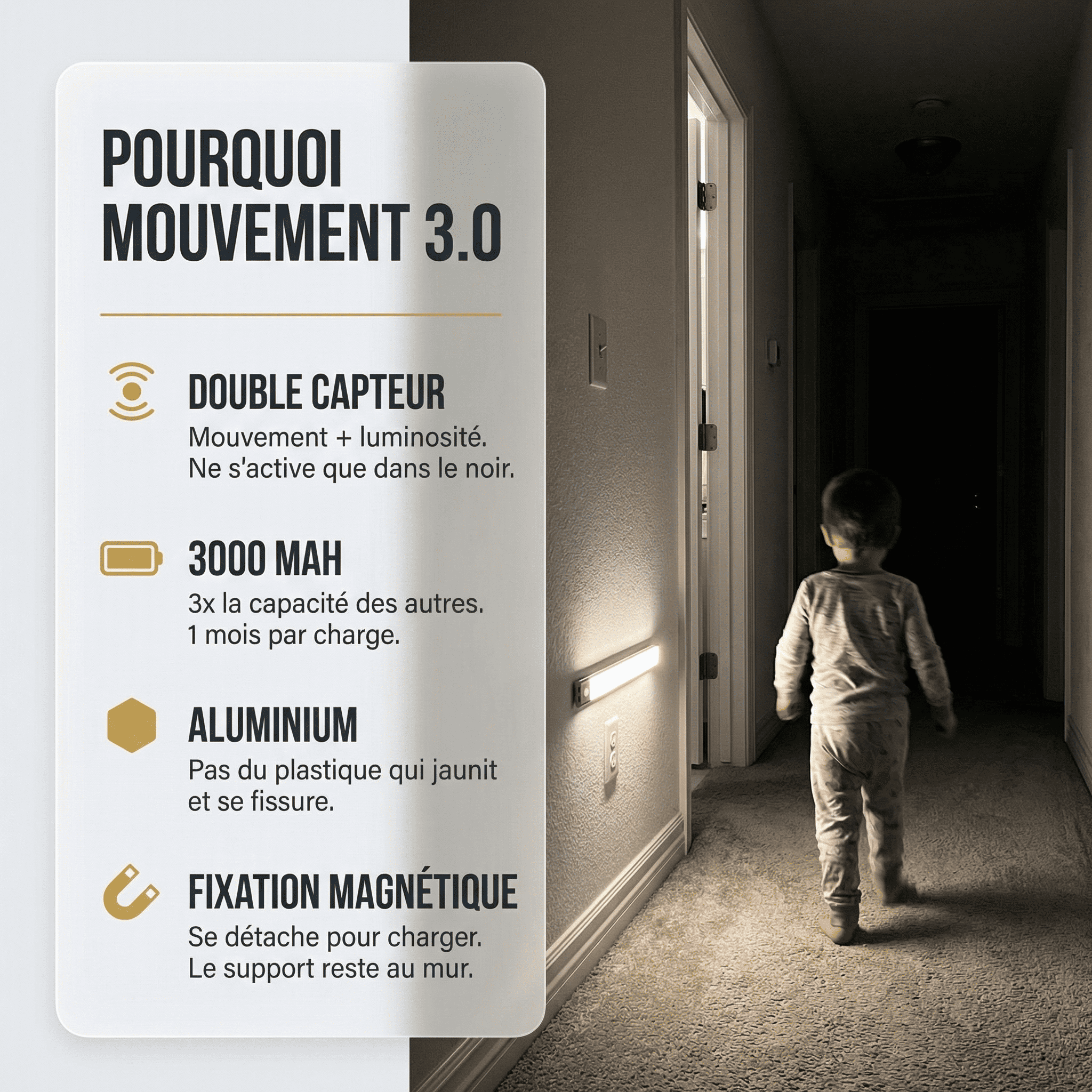 Mouvement 3.0™  | Réglette LED sans fil à détecteur de mouvements pour escaliers et couloirs
